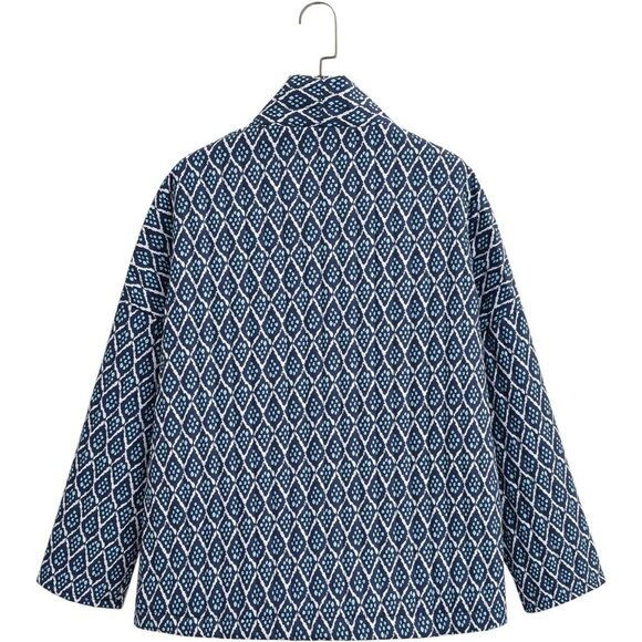 Women's Floral Quilted Jackets Cropped Button Down Padded Puffer Jacket Navy - Picture 2 of 8